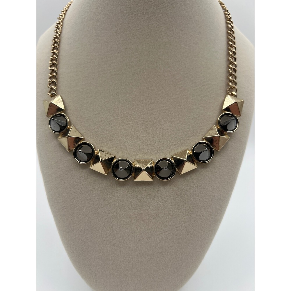 PUNCH Gold Tone Pyramid Stud and Grey Cabochon Collar Necklace NWT